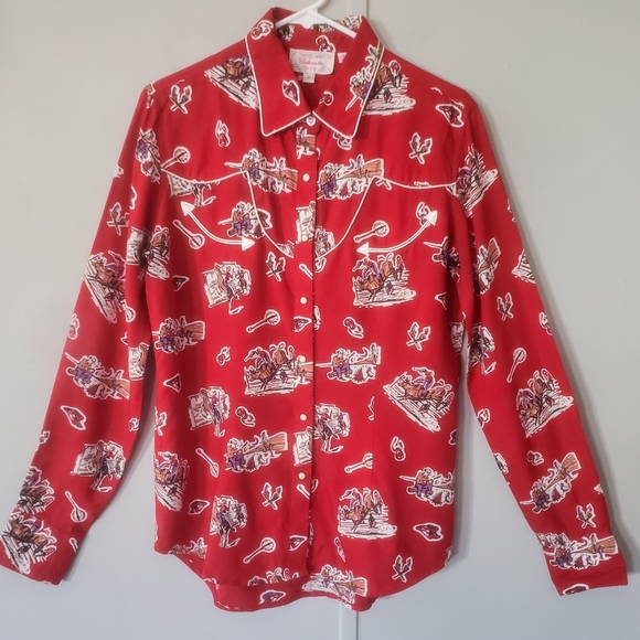 Panhandle Tops - Panhandle Red Western Cowboy Rodeo Print Snap Front Vintage Top
